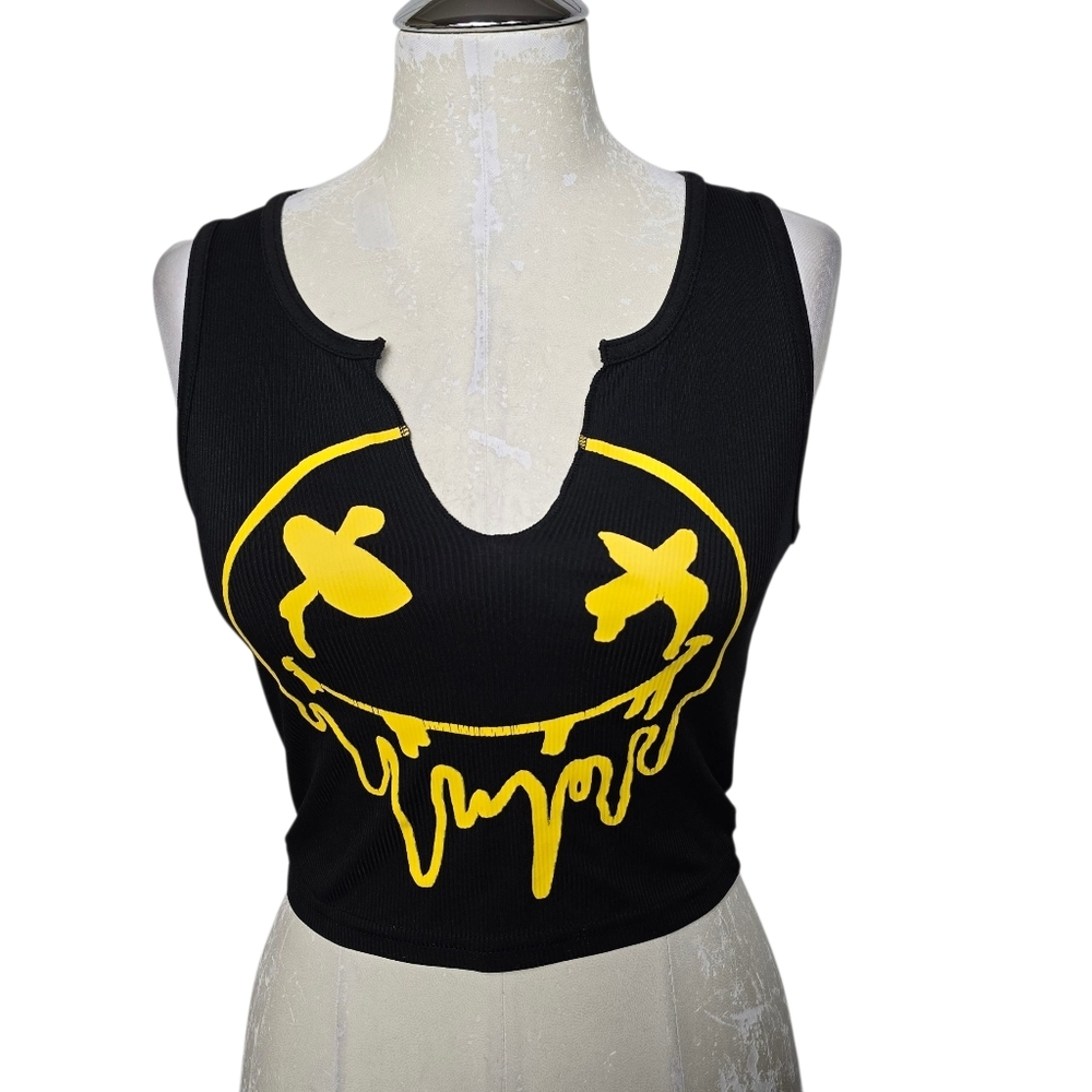 Black Yellow Melting Smiley Face Crop Top S